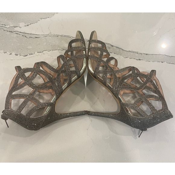 NINA Gold Sparkle Strappy Cage Zip Open-Toe Cocktail Wedding Heels - Picture 7 of 12